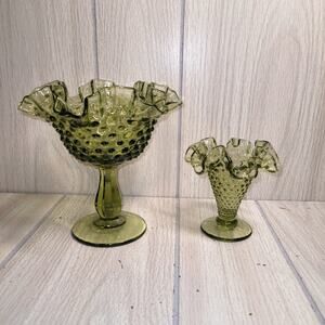 Vtg Fenton Hobnail Footed Green Glass Ruffle Compote Dish Set MCM
